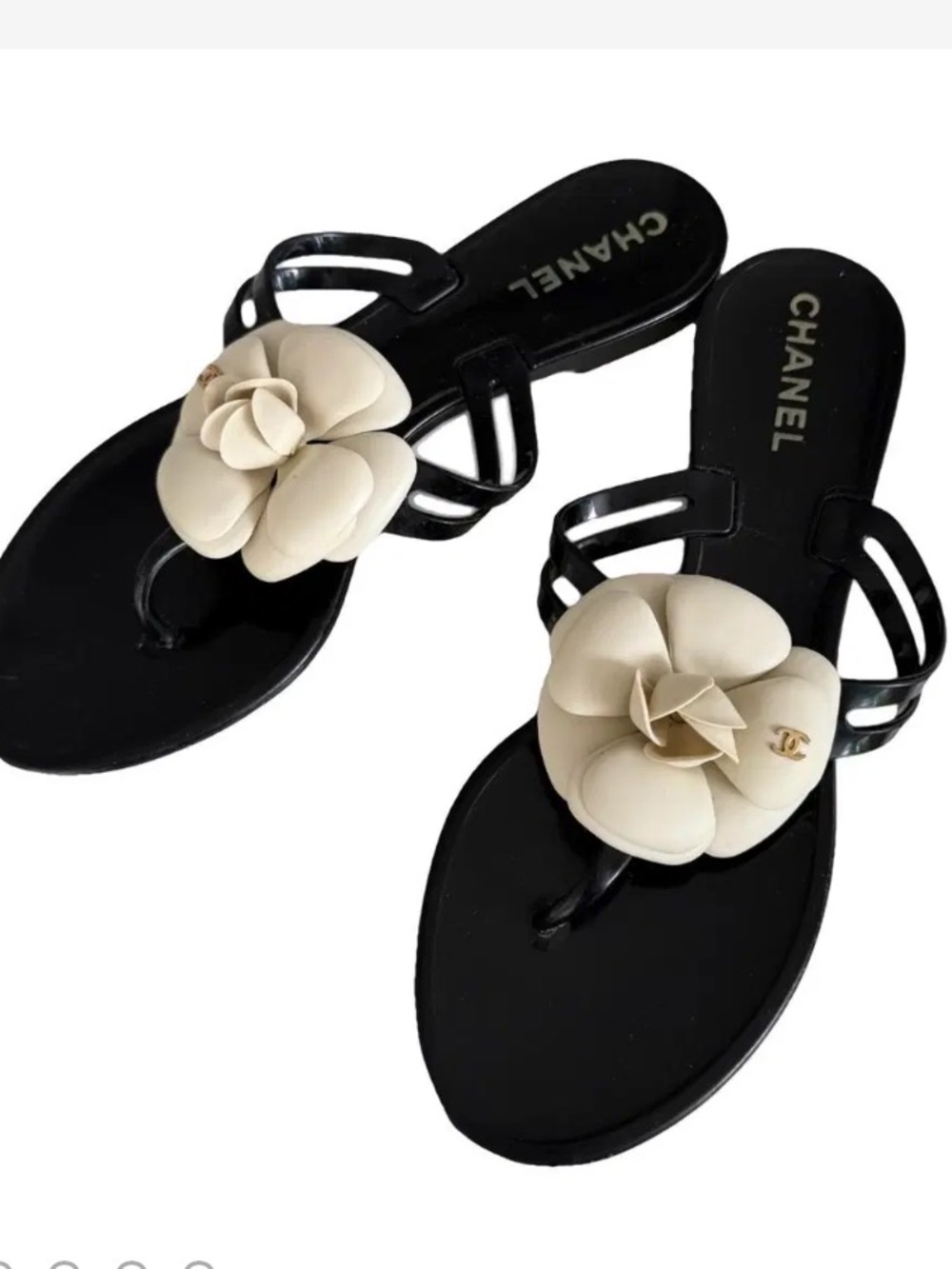 CHANEL Black Sandals with Cream Camellia Floral Accent